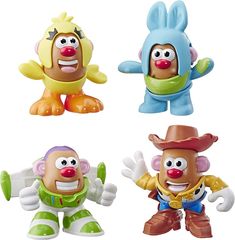 four toy characters are shown in three different poses, one is wearing a hat and the other has an orange nose