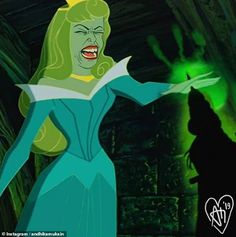 the evil queen from disney's sleeping beauty is shown in an animated scene with her hands out