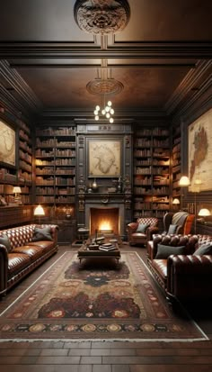 a living room filled with lots of leather furniture and bookshelves next to a fire place