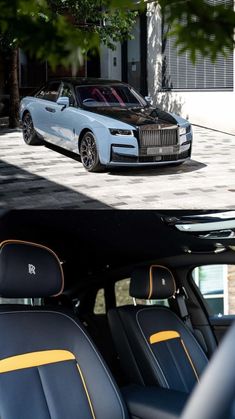 the front and side view of a rolls royce parked in a driveway next to a building