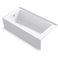 the bathtub is white and has a long, rectangular tub with an overflowing drain