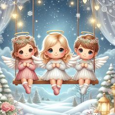 two little angels sitting on a swing in the snow