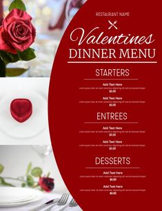 a valentine's dinner menu with red roses