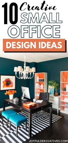 a dining room with blue walls and white furniture, the words 10 efficient design ideas for your small office