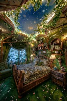 the bedroom is decorated in green and has an elaborate ceiling