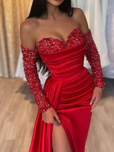 Sheath/Column Sweetheart Floor-Length Long Dresses With Split Side & Sequins Red Prom Dress Long, Junior Prom, Prom Inspo, Sequin Prom Dress, Long Sleeve Prom, Senior Prom, Evening Dress Fashion, Red Prom, فستان سهرة