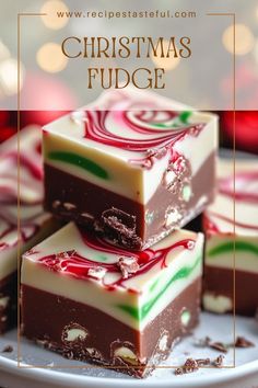 three pieces of christmas fudge on a plate