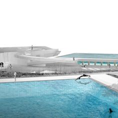 an artist's rendering of a swimming pool in front of a building with people standing around it