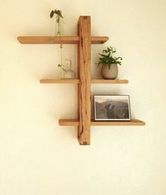 three wooden shelves with plants and pictures on them