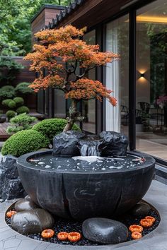 a bonsai tree in a large black bowl with rocks around it and an orange flower