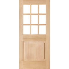 a wooden door with glass panels on the top and bottom panel, in light wood