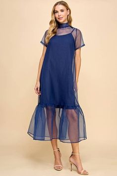 Chic sheer midi dress featuring back tie detailing and a complementary midi slip dress underneath for a layered, elegant look. Model Size + Fit: Model height: 5'9" Dress size: Small Bust: 33 Waist: 25 Hips: 34 Sheer Midi Dress, Maxi Romper, Midi Slip Dress, Crop Top Sweatshirt, Navy Midi Dress, Girl Coat, Knit Tees, Girls Jacket, New Tops