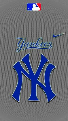 the new york yankees baseball team logo on a gray background with blue and white letters