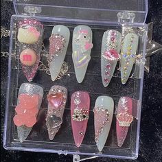 The whole shipping process is traceable! About Custom Design: 1. All nail design couldn't be change, includes colors and accessories. 2. We don't have nail custom design service temporary. About SIZE:  1. The Size Option refer to the width of the nails.  2. If you choose custom size, please write down your size in note area or send me a message.  3. The minimum size we can make is 8mm and the maximum size is 17mm. 4. Please notice that the unit of measurement is millimeter. About SHAPE:  1. Diff Cute Press On Nails, Nail Growth Tips, Star Nail Designs, Nails Y2k, Kitty Nails, Fake Nails Designs, Nails Cute, Nail Box, Y2k Nails