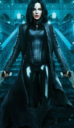 an image of a woman in black leather clothes standing on stairs with her arms outstretched