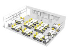 an office cubicle with yellow chairs and desks on the wall, viewed from above