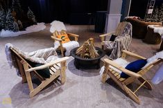 three wooden chairs sitting on top of a carpet covered floor