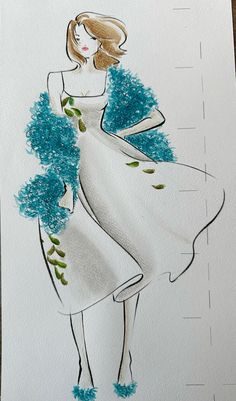 a drawing of a woman in a white dress with blue pom poms on it