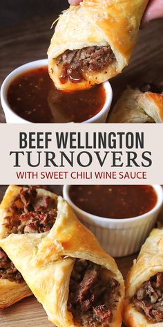 beef wellington turnovers with sweet chili wine sauce on the side and in small white bowls