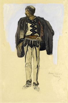 a drawing of a man with a hat and coat on his shoulders holding a tray