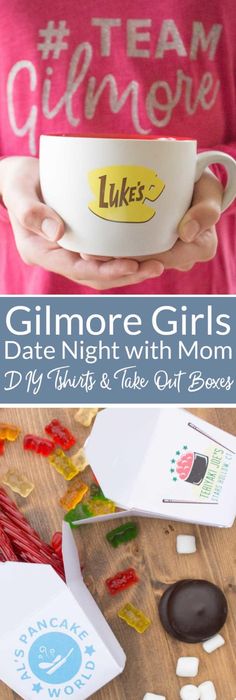 a girl holding a bowl with gummy bears in it and the text glimore girls date night with mom