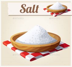 salt in a wooden bowl on a checkered tablecloth with the word salt above it