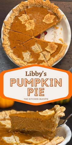 a pumpkin pie on a white plate with the words library's pumpkin pie below it