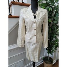 Chic Cream Fitted Sets, Cream Sets For Workwear In Spring, Formal Cream Skirt For Spring, Formal Beige Silk Skirt, Spring Formal Cream Skirt, Beige Silk Skirt For Formal Occasions, Spring Cream Silk Skirt, Elegant Beige Skirt Suit For Spring, Classic Beige Skirt Suit For Spring