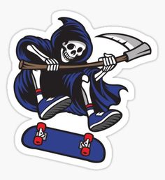 a sticker with a skeleton riding a skateboard