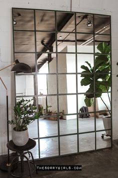 a mirror sitting on top of a table next to a potted plant