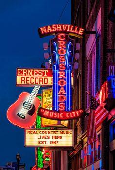 the neon sign for nashville's finest record store is lit up in red, white and blue