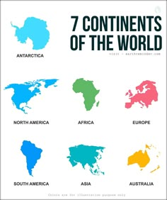 the seven continents of the world in different colors and sizes, with text that reads 7