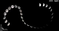 several phases of the moon are shown in black and white