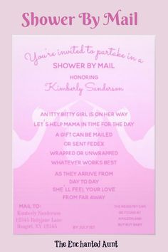 a pink shower by mail card with the words shower by mail written in white on it