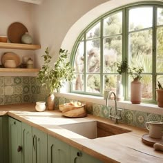 a kitchen filled with lots of counter top space next to a window covered in potted plants