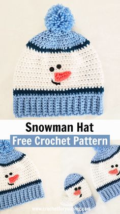 crocheted snowman hat and mittens with text overlay that says, free crochet pattern