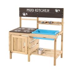 a wooden play kitchen with a sink and potting pan on the stove top,