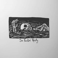 a black and white drawing of a skull floating in the ocean next to a buoy