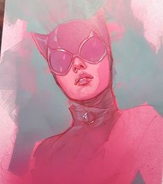 a painting of a woman with pink hair and cat ears on her head wearing sunglasses