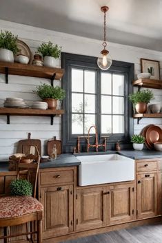 a kitchen with wooden cabinets and open shelving above the sink is decorated with potted plants