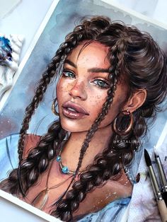 a drawing of a girl with braids and blue eyes is shown next to some markers