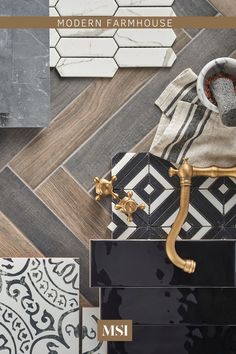 the cover of modern farmhousee magazine, featuring black and white tile with gold accents