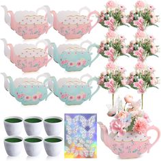 tea set with pink flowers and green cups