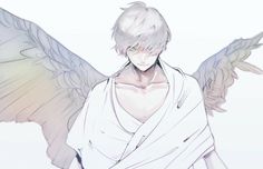 an anime character with white hair and angel wings