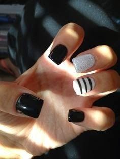 Nail Polish Ideas Easy, Classy Black Nails, Black And White Nail, Black And White Nail Art, Black And White Nails, Gel Nail Art Designs, White Glitter Nails, White Nail Designs