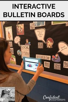 a girl is using an interactive bulletin board