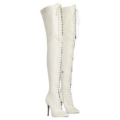 New Gucci *Harriet* Leather Over the Knee Boots Italian size 38 - US 8 These Gucci Italian-made boots offer a luxurious look featuring supple leather, faux-python polished accents, and an elegant lace-up front. Vintage white color, Leather upper, Front lace-up closure, Side zip fastening, Pointed toe, Leather covered heel - 4.25 inches Black leather lining, Leather sole. Made in Italy. New without box. Last picture shows Fendi cream leather jacket in size 44 available in our store. Gucci Boot, Cream Leather Jacket, Leather Over The Knee Boots, Gucci Brand, Embellished Shoes, Gucci Outfits, Color Crema, Italian Shoes, Satin Heels