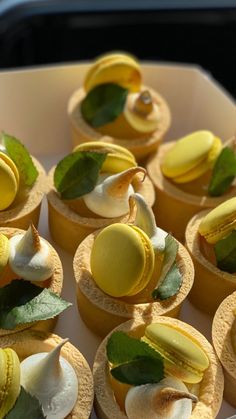 small cupcakes with yellow frosting and green leaves