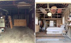 two pictures side by side one has a bed and the other is a storage room