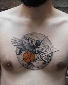 a man with a tattoo on his chest has an orange ball in front of him